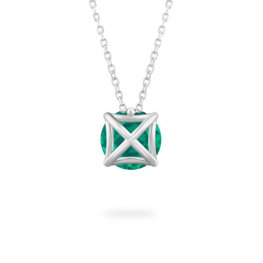 back view of round cut emerald necklace in white gold