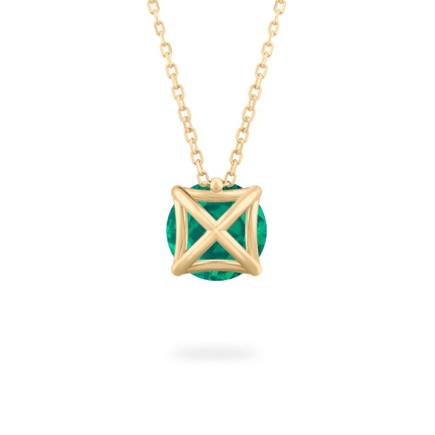 back view of round cut emerald necklace in yellow gold