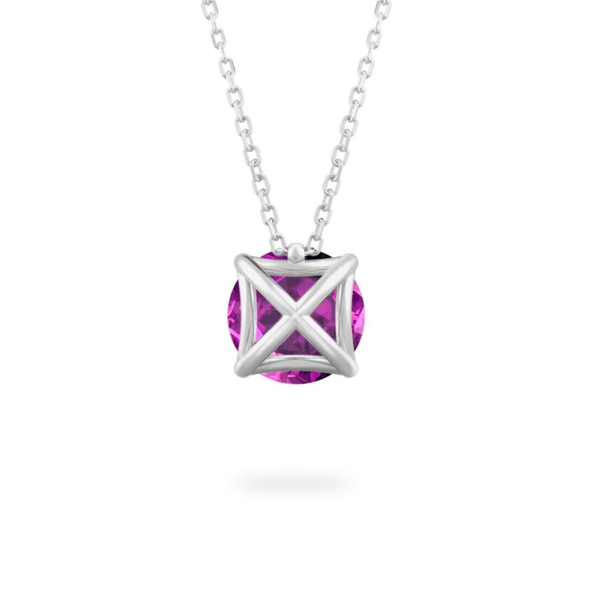 back view of round cut february birthstone necklace in platinum