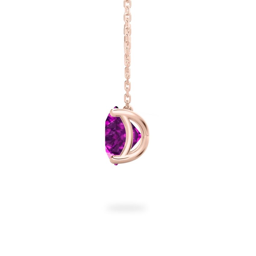 side view of round cut february birthstone necklace in rose gold