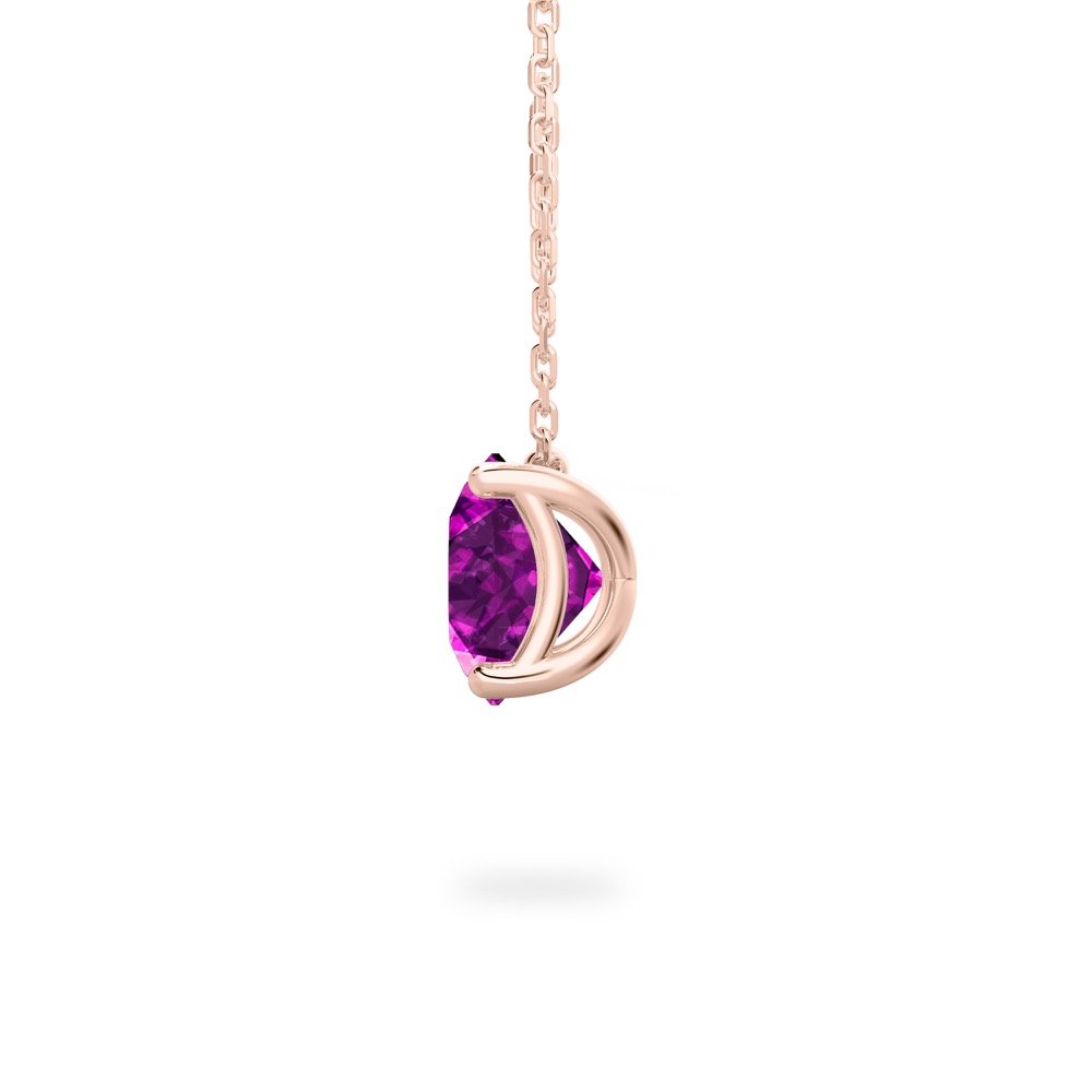 side view of round cut february birthstone necklace in rose gold