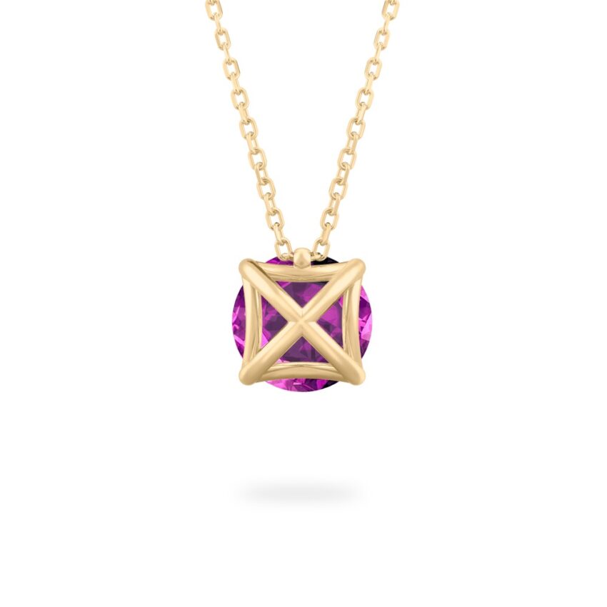 back view of round cut february birthstone necklace in yellow gold