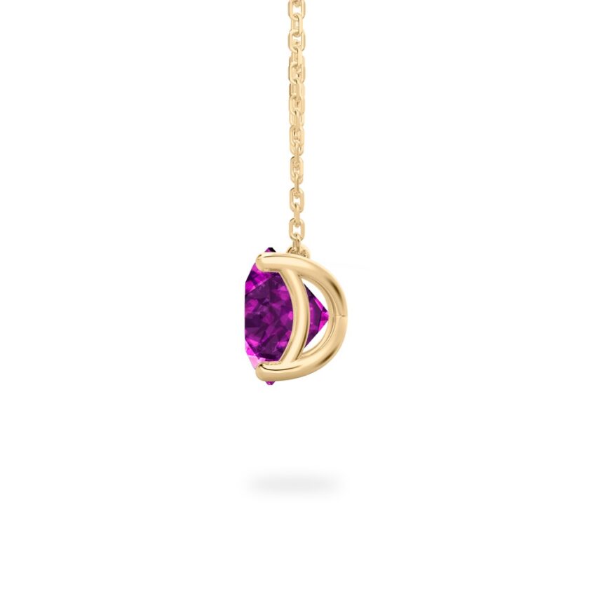 side view of round cut february birthstone necklace in yellow gold