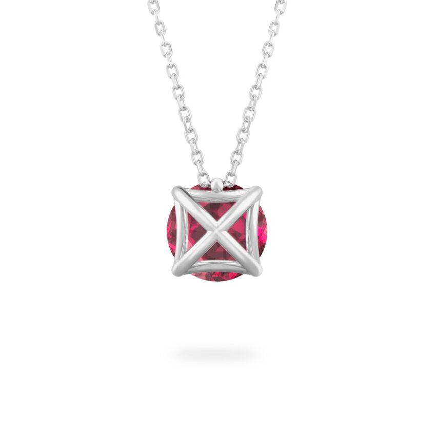 back view of round cut garnet necklace in white gold
