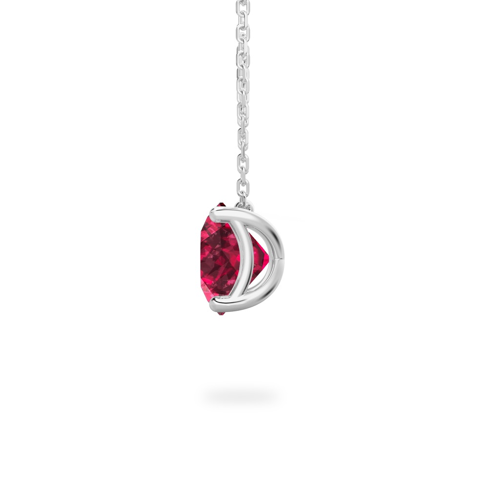 side view of round cut garnet necklace in white gold