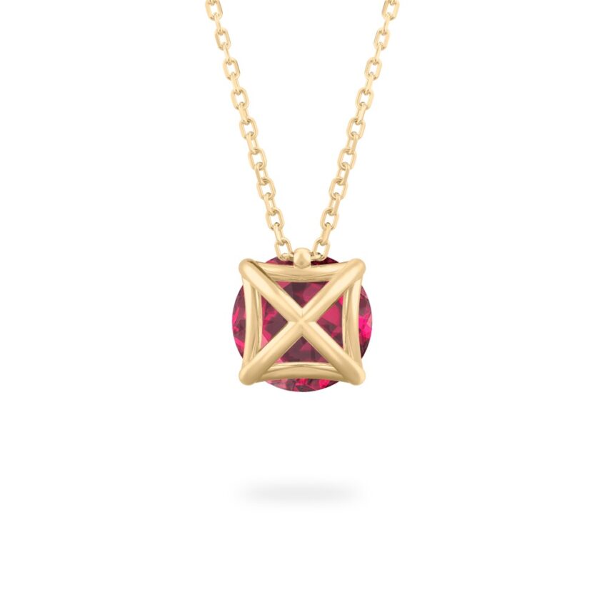 back view of round cut garnet necklace in yellow gold