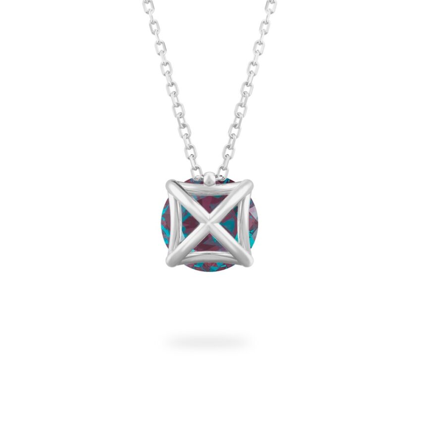 back view of round cut june birthstone necklace in platinum