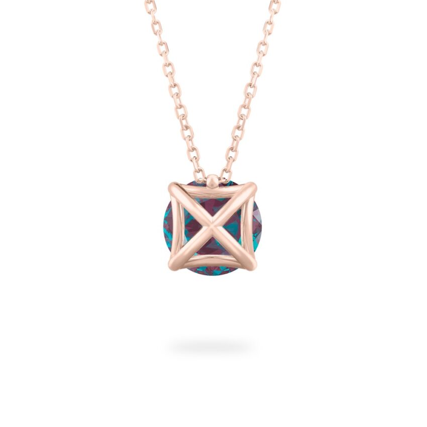back view of round cut june birthstone necklace in rose gold