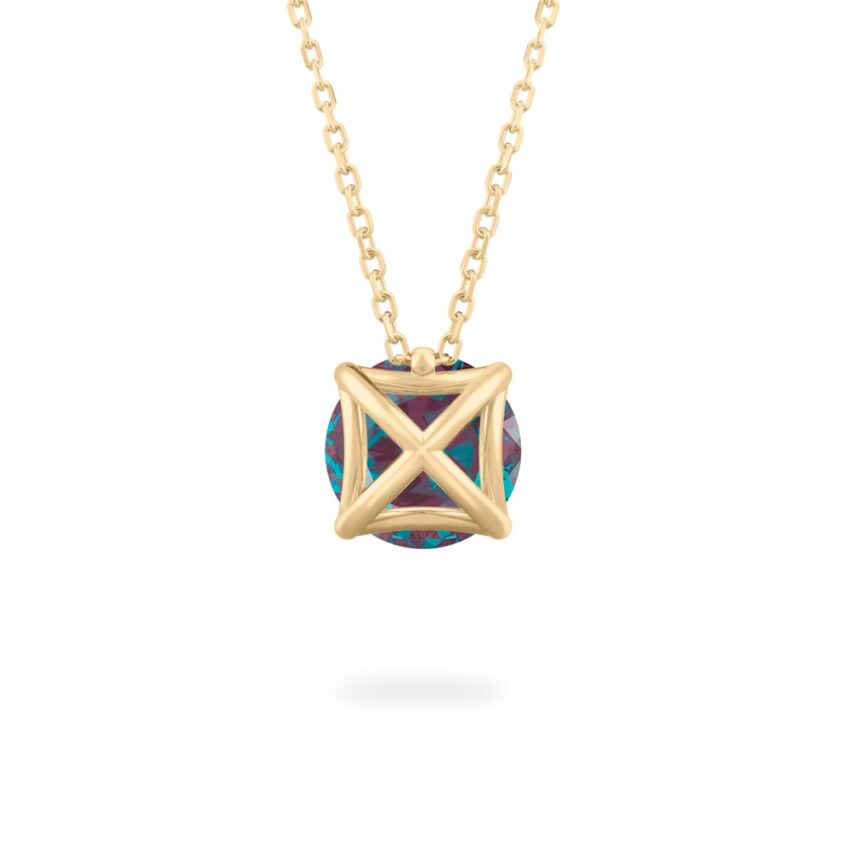 back view of round cut june birthstone necklace in yellow gold