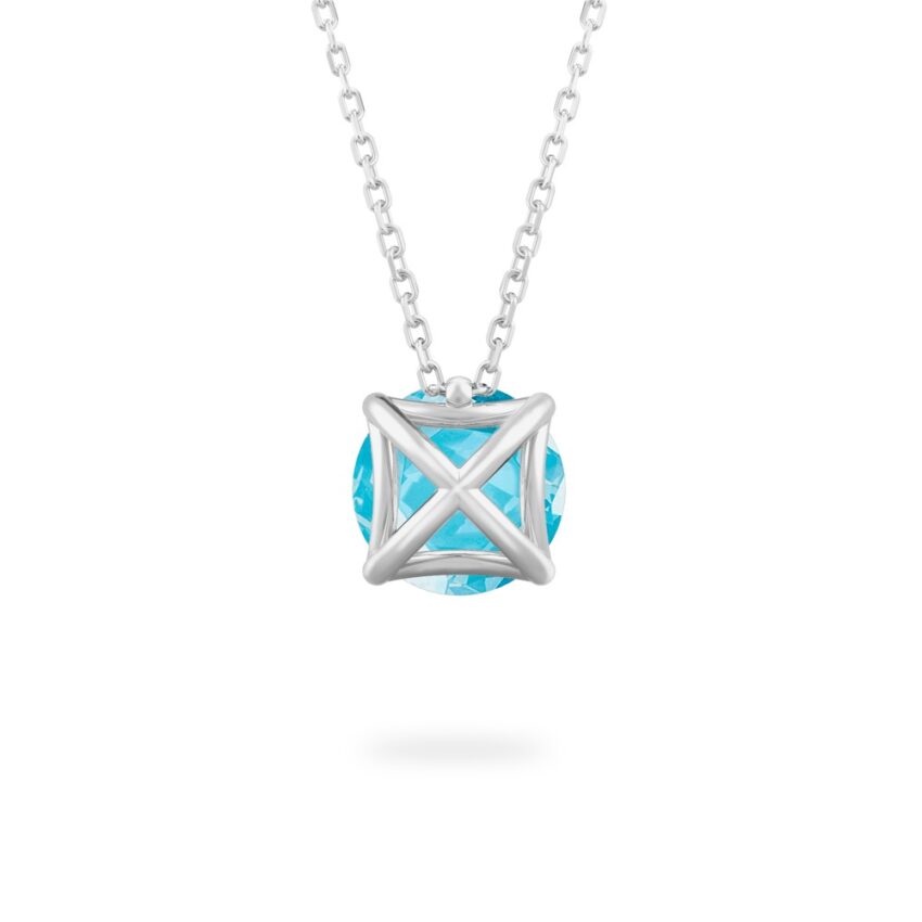back view of round cut march birthstone necklace in platinum