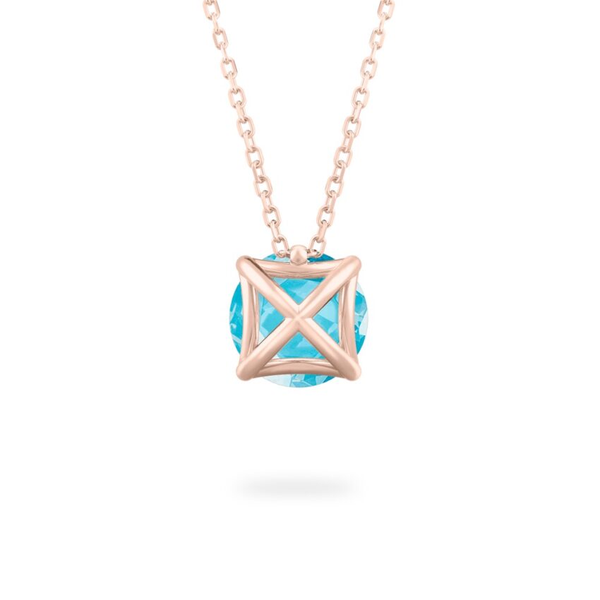 back view of round cut march birthstone necklace in rose gold