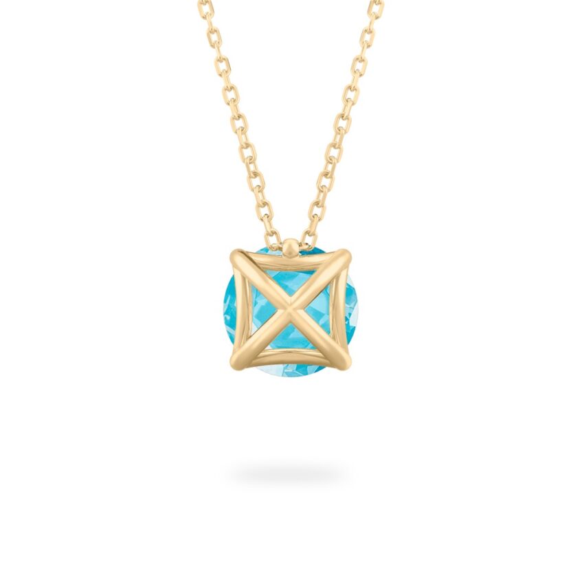 back view of round cut march birthstone necklace in yellow gold