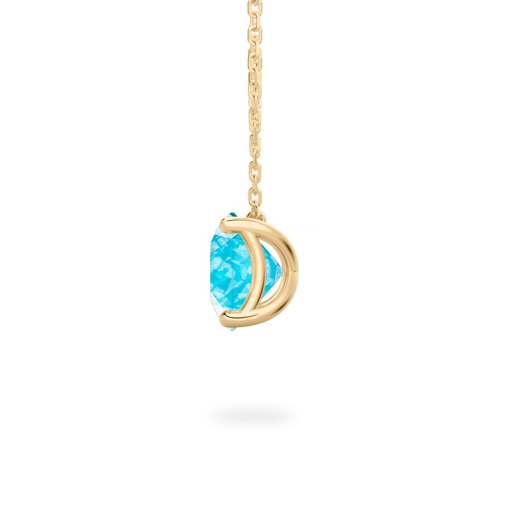 side view of round cut march birthstone necklace in yellow gold