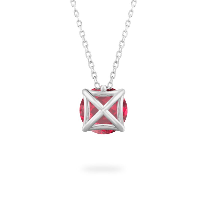 back view of round cut ruby necklace in platinum