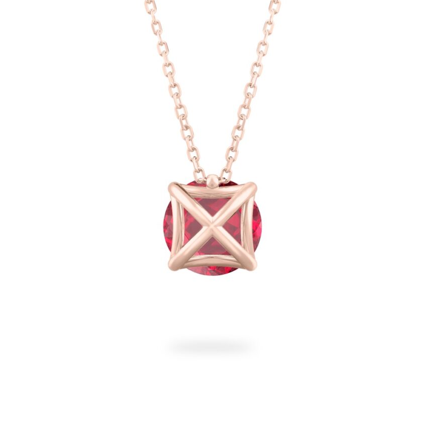 back view of round cut ruby necklace in rose gold