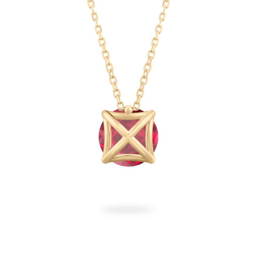 back view of round cut ruby necklace in yellow gold