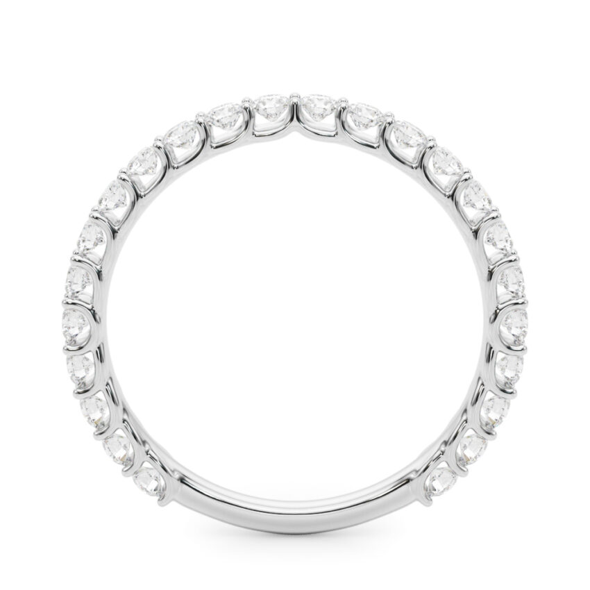 angle view of wedding band with diamonds in platinum