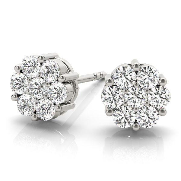 angle view of white gold pave diamond cluster earring studs