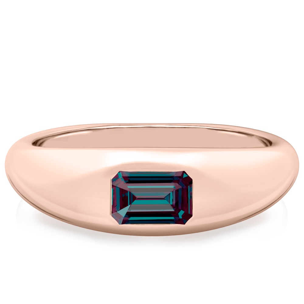 rose gold dome ring with east west set emerald alexandrite gemstone