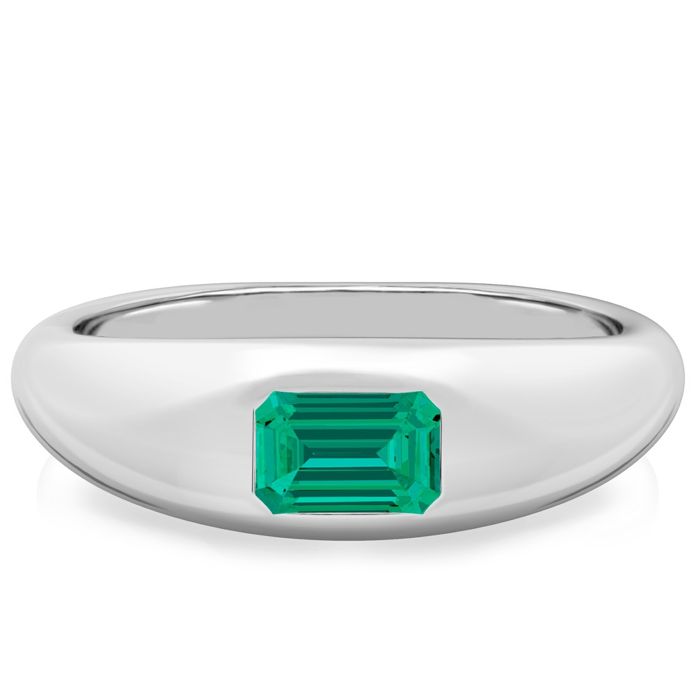 platinum dome ring with east west set emerald cut emerald gemstone
