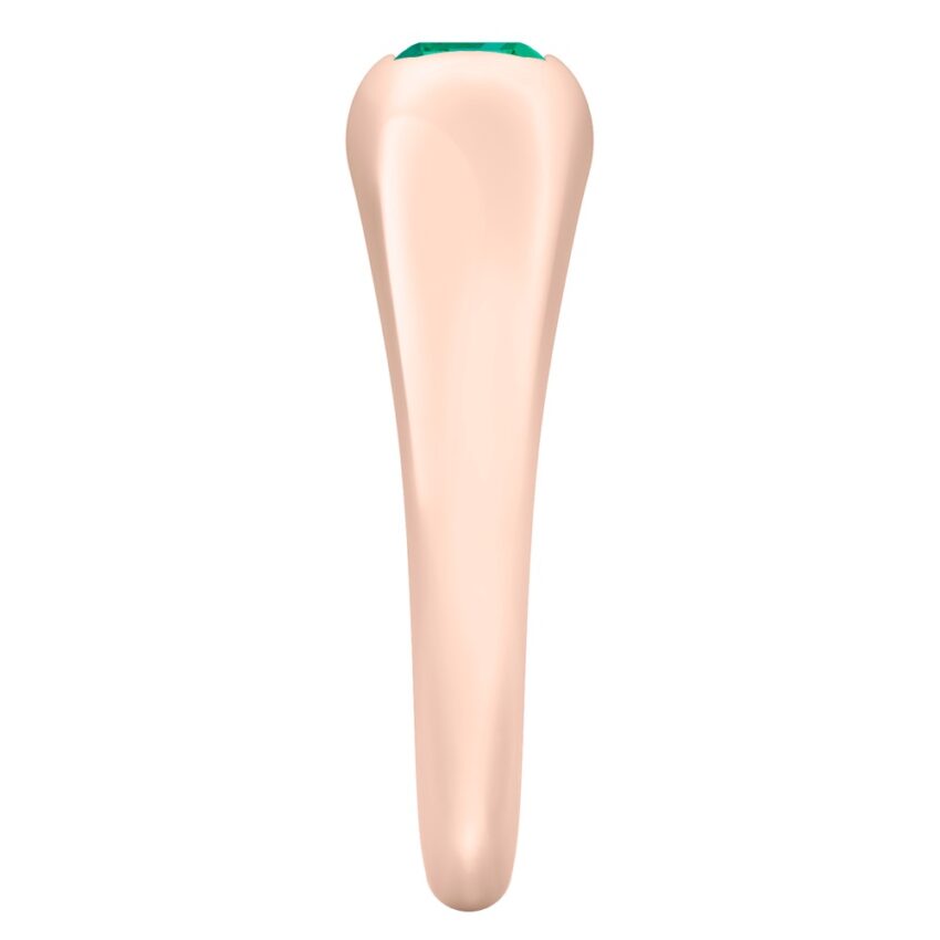 side view of rose gold dome ring with east west set emerald cut emerald gemstone