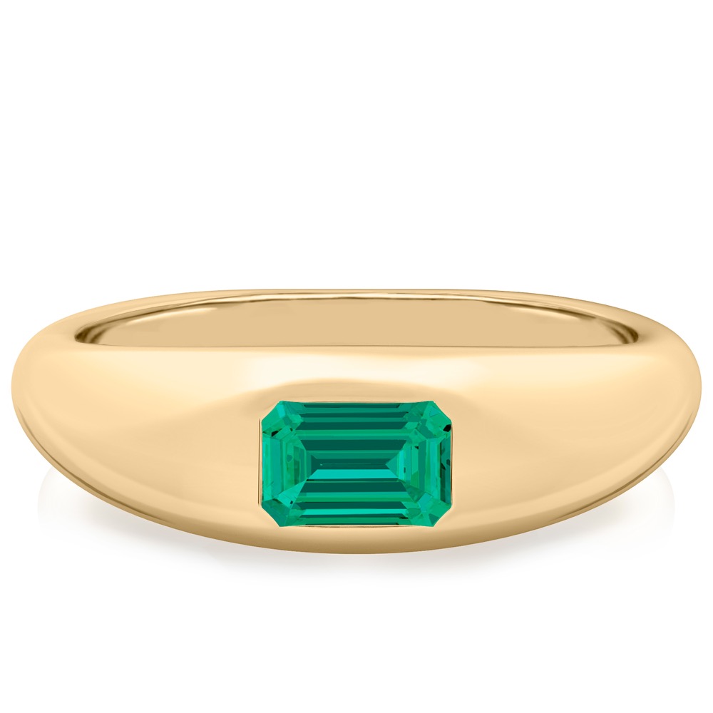 yellow gold dome ring with east west set emerald cut emerald gemstone