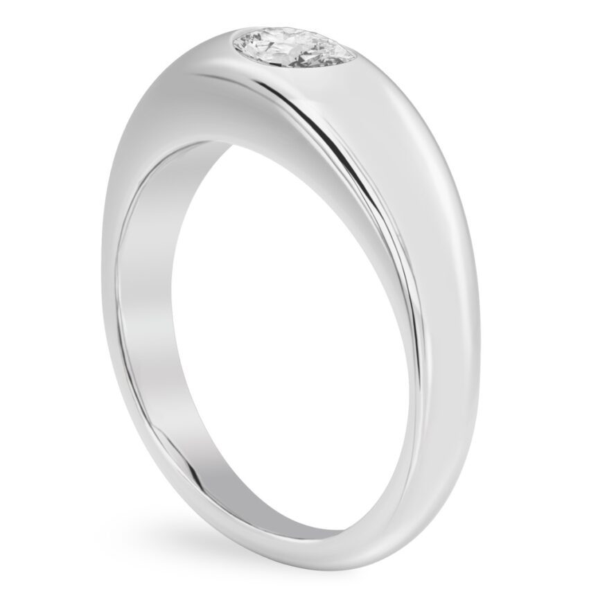 angle view white gold dome ring with east west set oval diamond