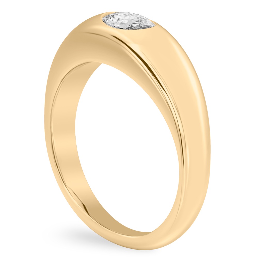 angle view of yellow gold dome ring with east west set oval diamond