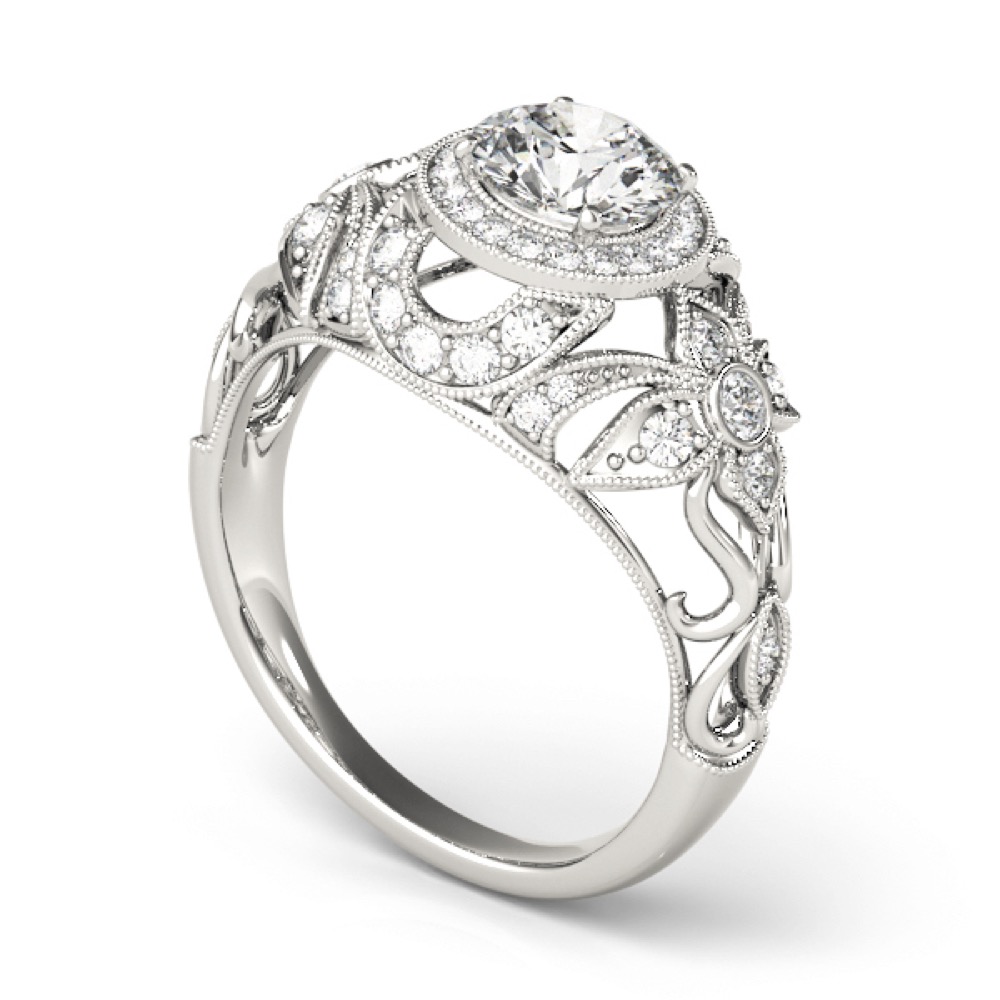 angle view of gallery of ornate vintage inspired halo ring in palladium