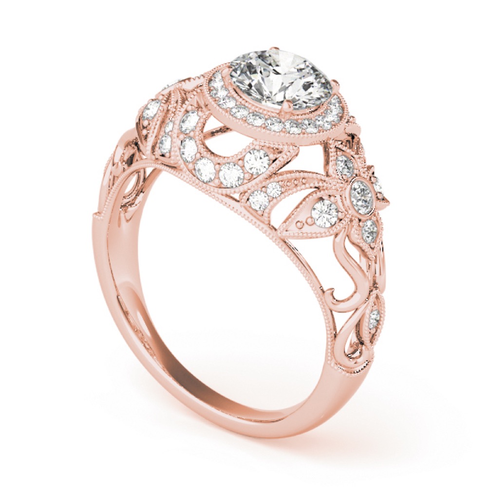 angle view of gallery of ornate vintage inspired halo ring in rose gold