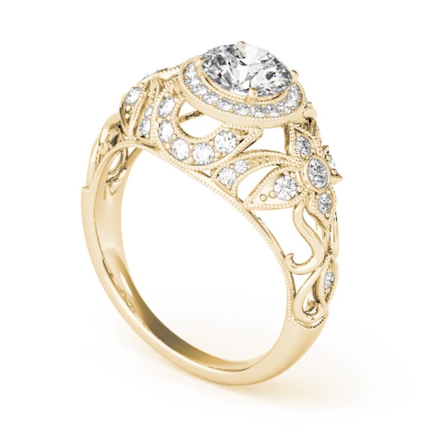 angle view of gallery of ornate vintage inspired halo ring in yellow gold