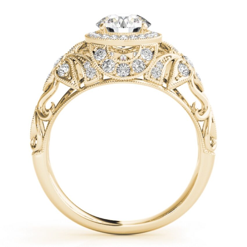 gallery view of ornate vintage halo engagement ring yellow gold