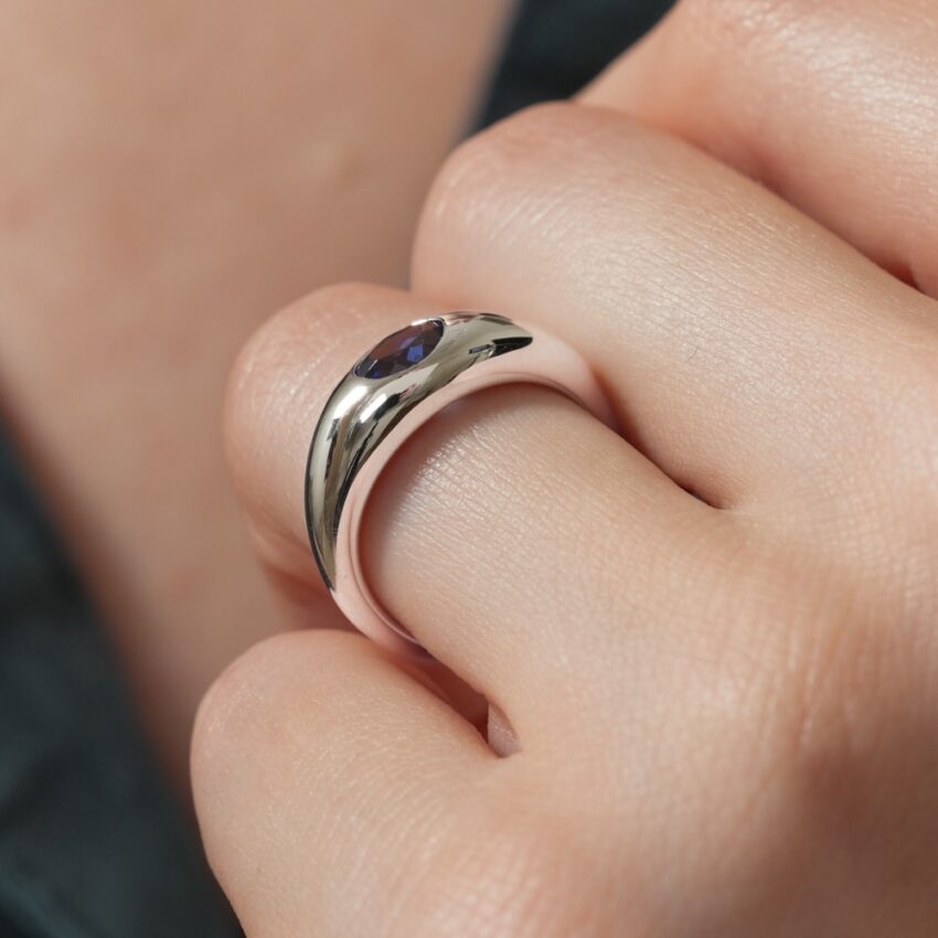 Angle view of sapphire dome ring lifestyle