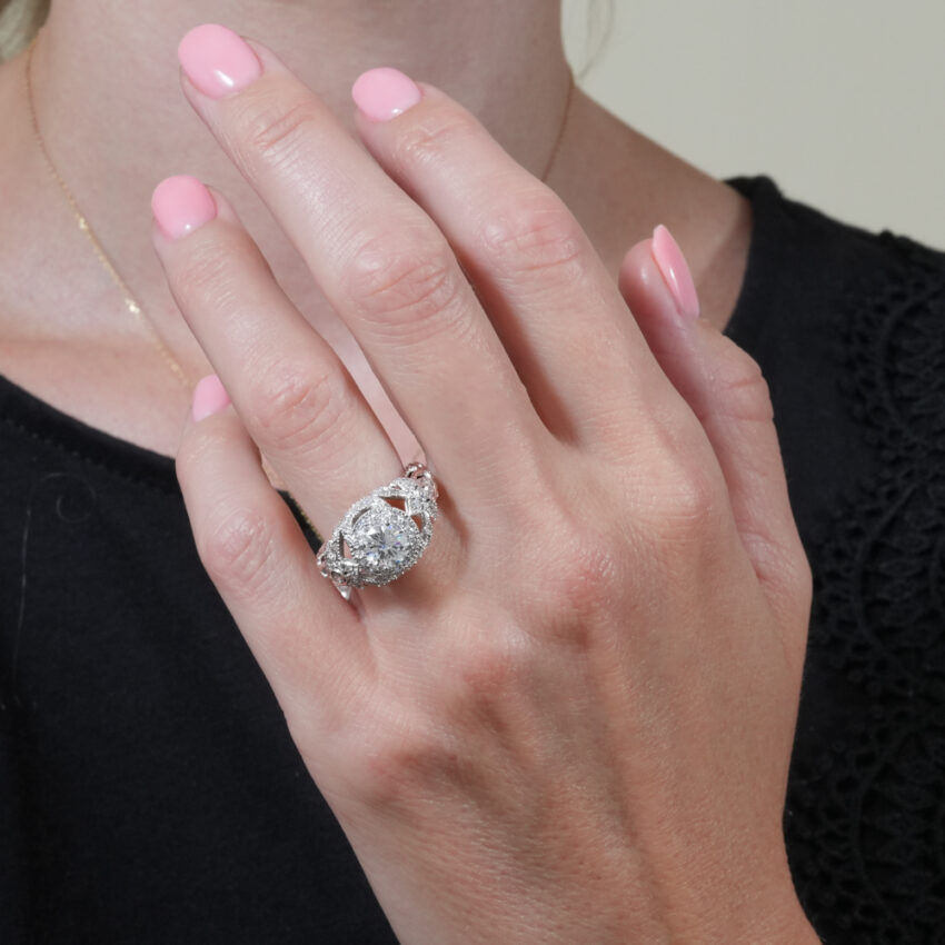 vintage inspired halo engagement ring in lifestyle