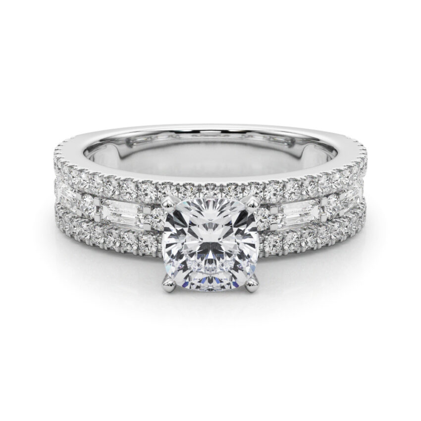 cushion cut diamond triple row engagement ring in palladium