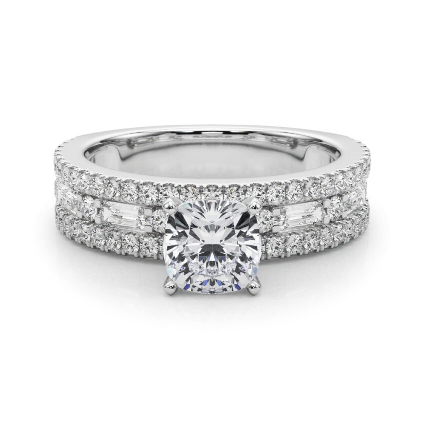 cushion cut diamond triple row engagement ring in platinum