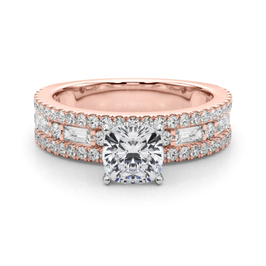 cushion cut diamond triple row engagement ring in rose gold