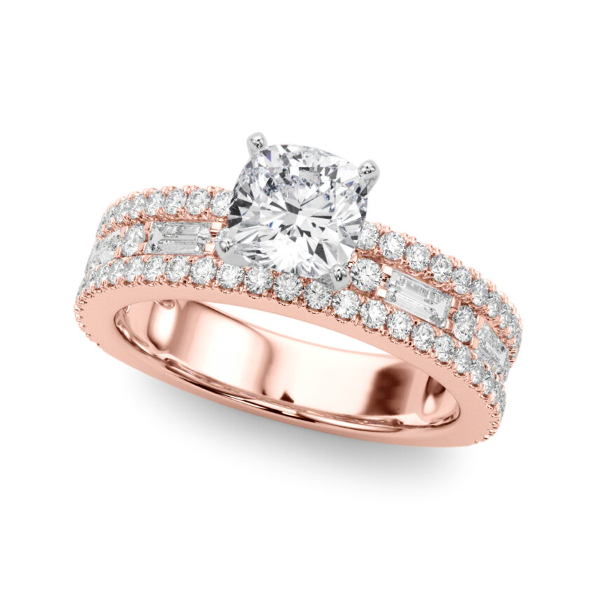 Angle view of cushion cut diamond triple row engagement ring rose gold