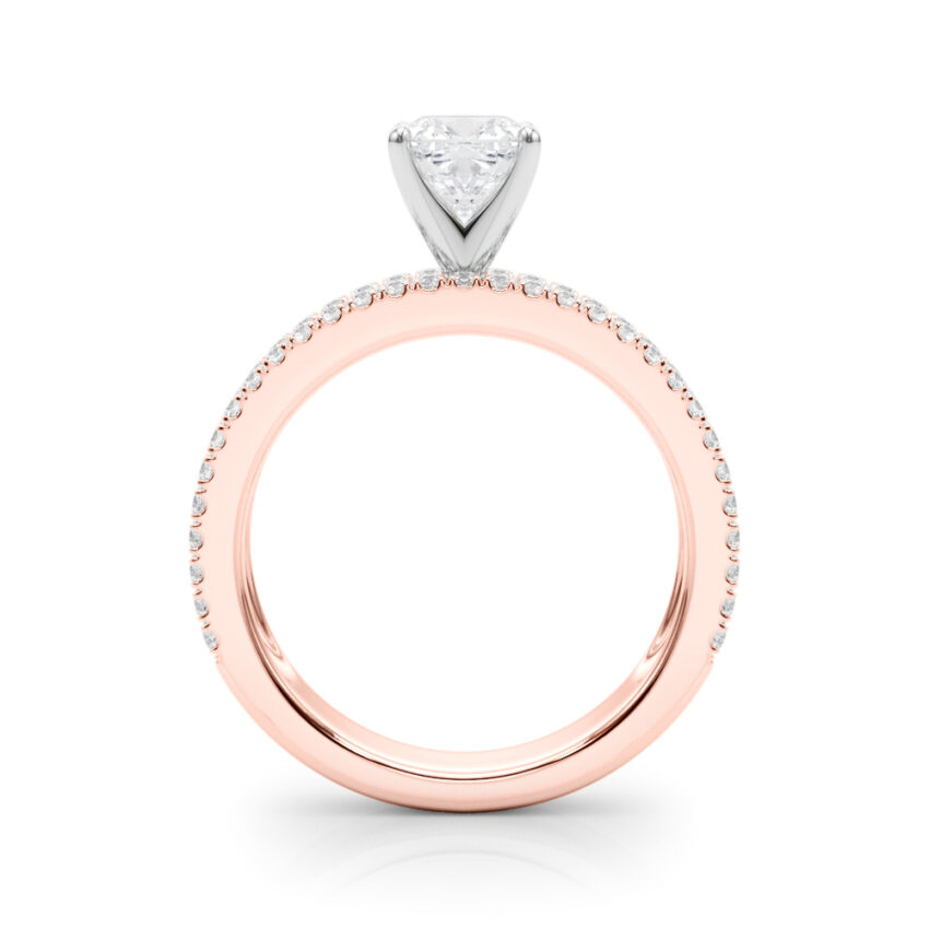 Side view of cushion cut diamond triple row engagement ring rose gold