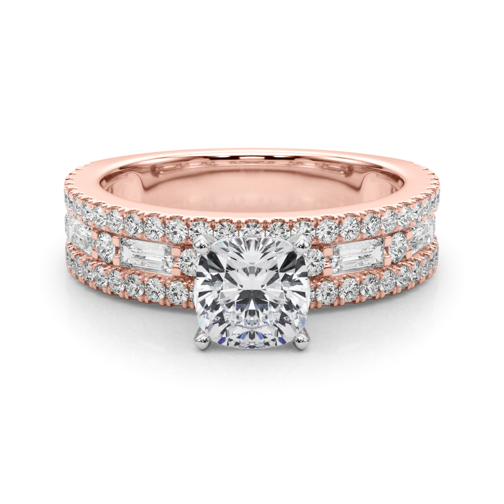 cushion cut diamond triple row engagement ring in rose gold