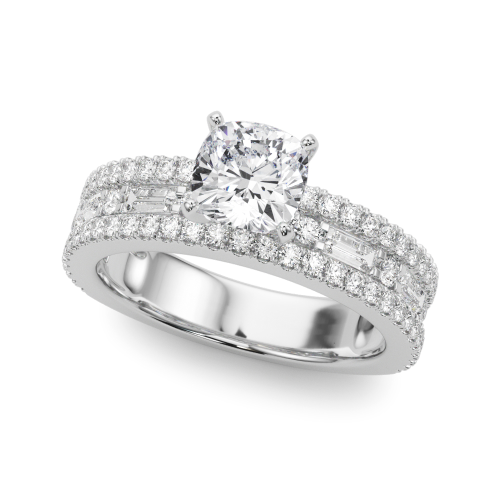 Angle view of cushion cut diamond triple row engagement ring white gold