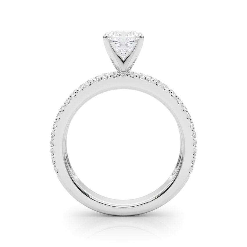 Side view of cushion cut diamond triple row engagement ring white gold