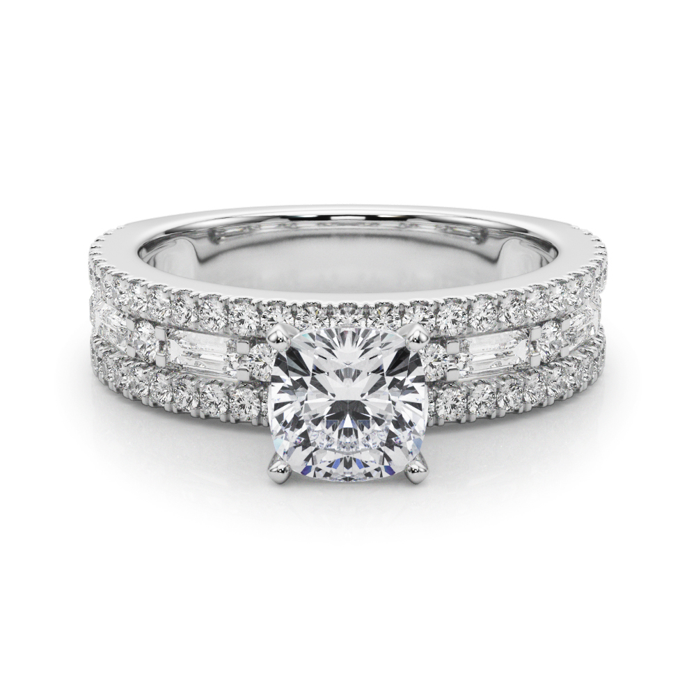 cushion cut diamond triple row engagement ring in white gold