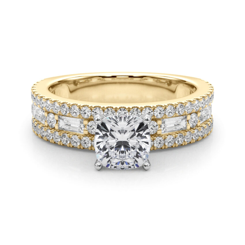 cushion cut diamond triple row engagement ring in yellow gold