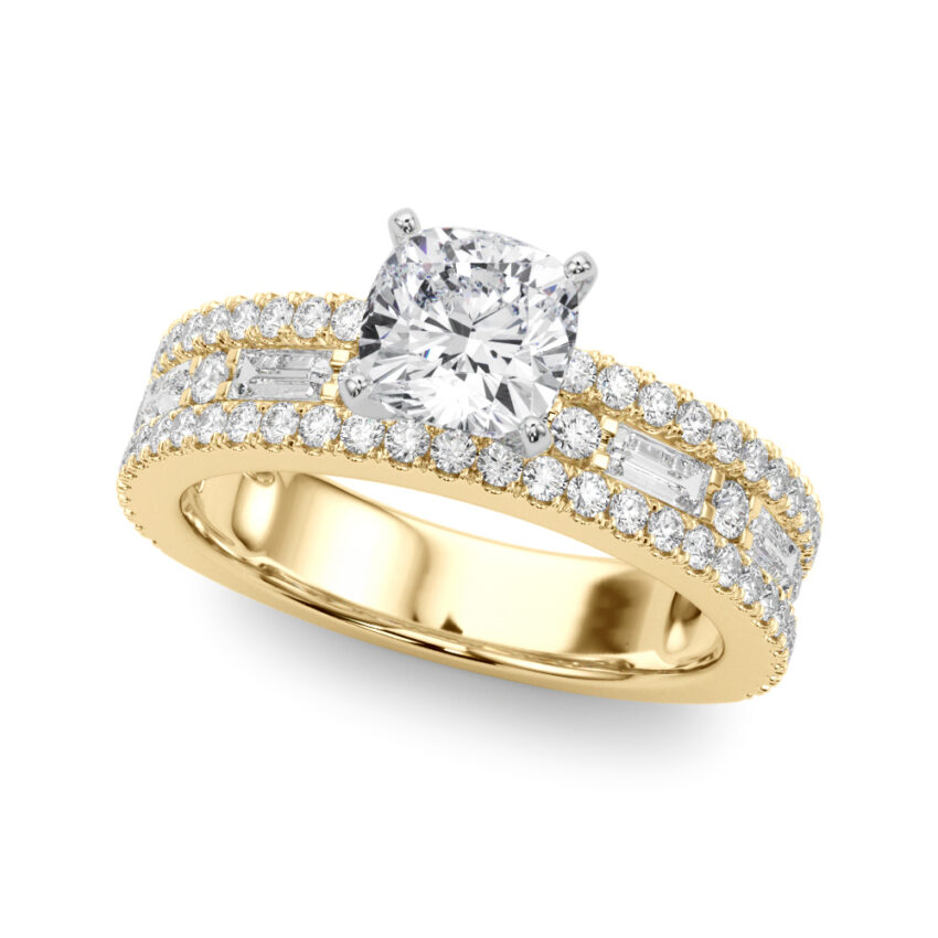 Angle view of cushion cut diamond triple row engagement ring yellow gold