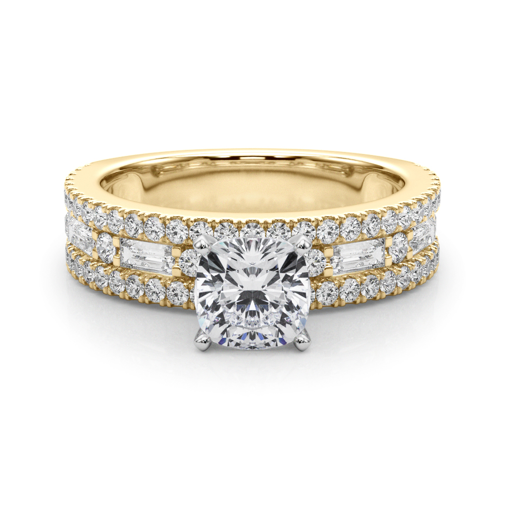 cushion cut diamond triple row engagement ring in yellow gold