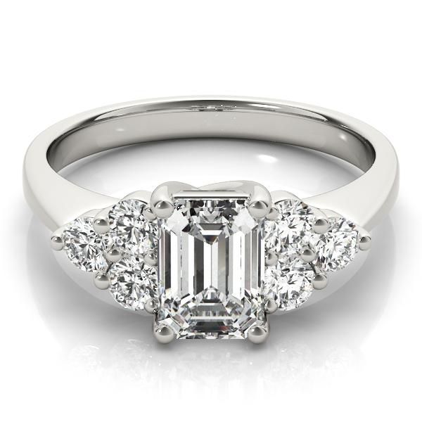 cluster side stone trellis engagement ring in platinum with emerald cut diamond video