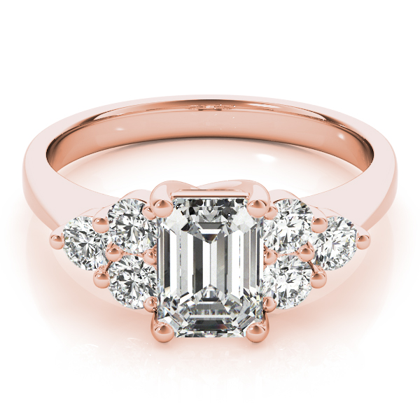 cluster side stone trellis engagement ring in rose gold with emerald cut diamond video