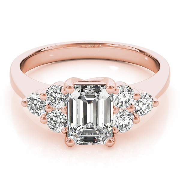 cluster side stone trellis engagement ring in rose gold with emerald cut diamond
