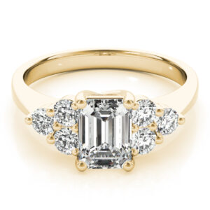 cluster side stone trellis engagement ring in yellow gold with emerald cut diamond